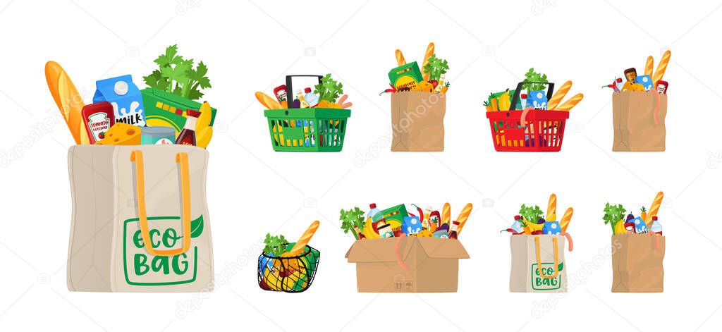 Food in Grocery Basket, Eco or String Bag and Carton Box. Different Shopping Bags with Production Vegetables, Bread, Cans with Packages, Sausages, Greenery, Cheese or Milk. Cartoon Vector Illustration