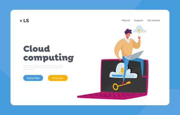 Комп'ютерні технології Landing Page Template. Tiny Male Character sit on Huge Laptop with Cloud and Key on Screen — стоковий вектор