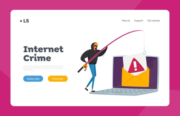 Hacking Cyber Crime Landing Page Template. Piccolo hacker personaggio maschile con aste Phishing dati personali nel computer portatile enorme — Vettoriale Stock