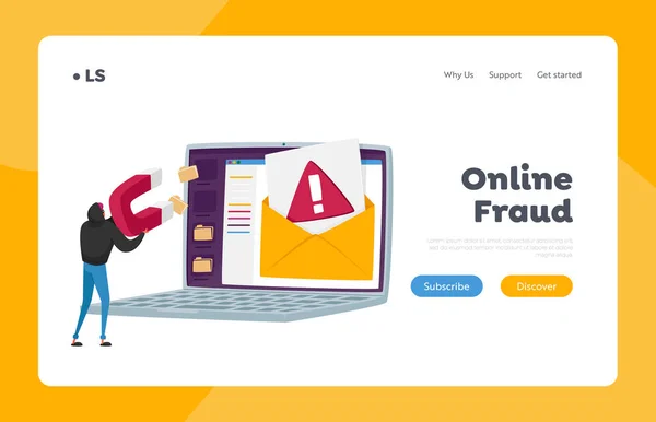 Phishing tramite Internet Landing Page Template. Minuscolo hacker Hacking dati personali dallo schermo del computer portatile, messaggi di pesca — Vettoriale Stock