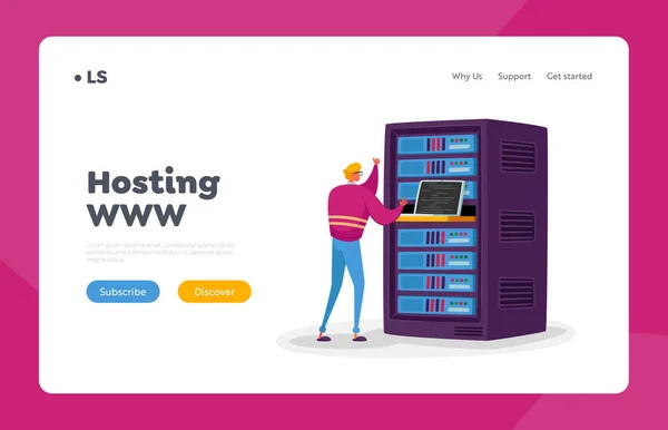 Data Center Landing Page Template. Engineer Male Character Work on Laptop in Server Room. Information Technology — Stockvektor