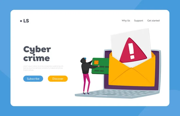 E-mail Visserijberichten en Spam, Virus Attack Landing Page Template. Kleine Hacker karakter Hacking Credit Card — Stockvector