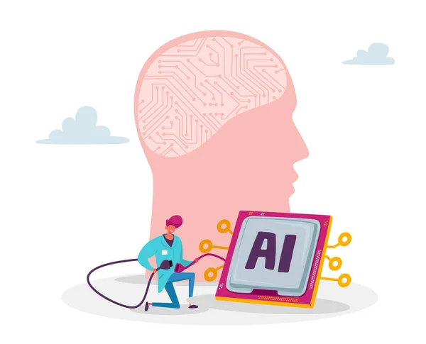 Engineer Tiny Character Connect Huge Human Head to Micro Circuit Create Artificial Intelligence in Science Laboratory — Stock Vector