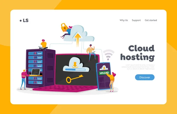 Web Hosting Landing Page Template. Personaggi minuscoli al computer portatile, telefono e apparecchiature server. Programmazione Web, Archiviazione cloud — Vettoriale Stock