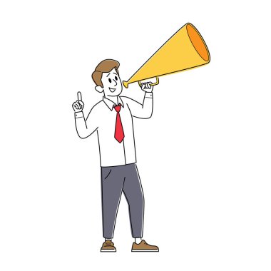 İşadamı Erkek Karakteri Hoparlöre, İşe Alma, İş Bulma, Terfi Konseptine Bağırıyor. Megafonla Adam Bağır