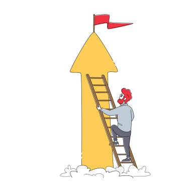 İşadamı Karakteri Yükselen Merdiven Zirvesinde Üzerinde Kızıl Bayrak, Kariyer Hedefleyen İşadamı Yüksekliği