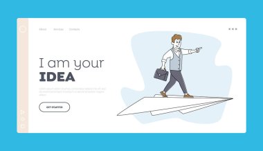 Business Innovation, Startup ya da Amaç Başarı İniş Sayfa Şablonu. Kağıt Uçakta Uçan İşadamı Karakteri