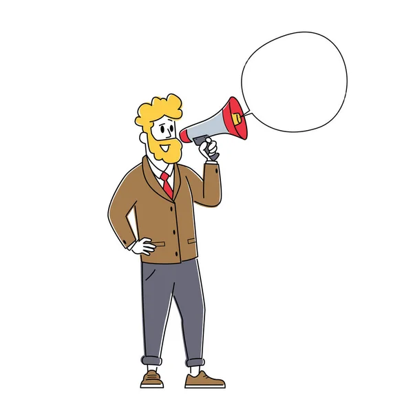 Concept de relations publiques et d'affaires publiques en ligne. Homme d'affaires criant au mégaphone ou haut-parleur avec bulle vocale. — Image vectorielle