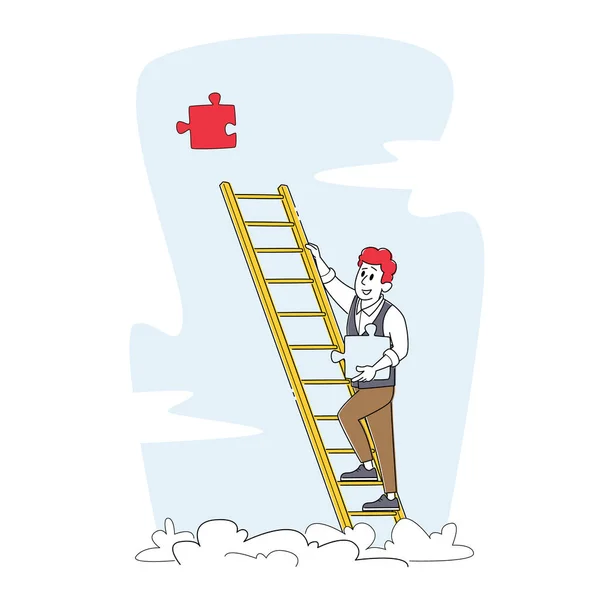 2015 년 1 월 1 일에 확인 함 . Businessman Climbing Ladder to Take Huge Missing Puzzle Piece for Task Solution and Problem Solving. 직업의 성장 — 스톡 벡터