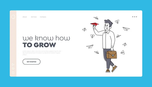 Hombre de Negocios Personaje Flying Paper Airplane Landing Page Template. Nuevo Proyecto Exitoso, Innovación Empresarial Creativa — Vector de stock