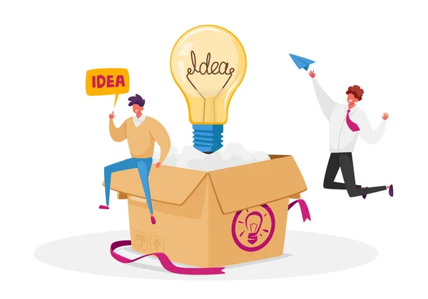 Creative Idea Development, Think Outside Concept. Male Business Characters Sitting on Huge Carton Box with Light Bulb — Stock Vector