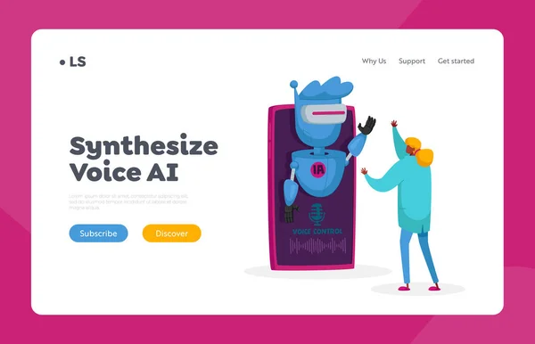 Artificial Intelligence Technology Landing Page Template. Concetto di riconoscimento vocale. Piccolo scienziato Controllo del suono — Vettoriale Stock