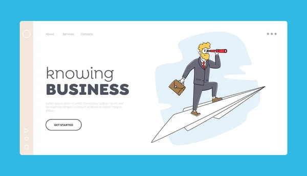 Projeto Inovar bem sucedido, Business Vision Landing Page Template. Personagem de homem de negócios com Spyglass Voar no avião —  Vetores de Stock