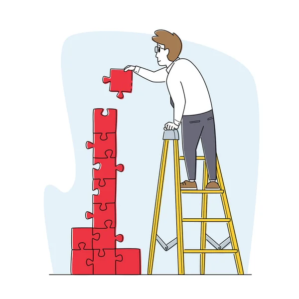 Desenvolvimento de Ideias, Solução de Tarefas e Conceito de Resolução de Problemas. Homem de negócios Personagem Stand on Ladder Montar Puzzle — Vetor de Stock
