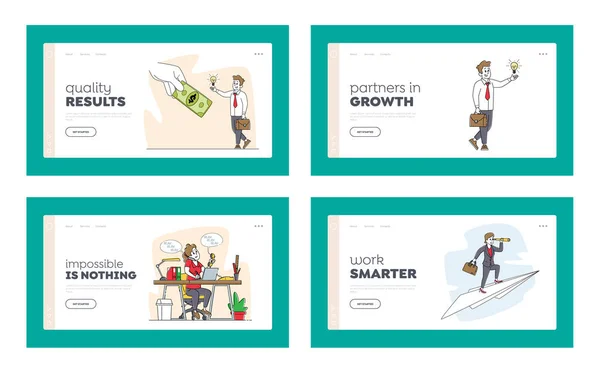 Business People Cenas Landing Page Template Set. Homem muda lâmpada no dólar Bill, mulher voando no avião de papel —  Vetores de Stock