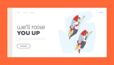 İniş Şablonunu Başlat. Neşeli İş Karakterleri Jet Pack ile Uçuyor. Ofis çalışanları Roketle Uçuyor