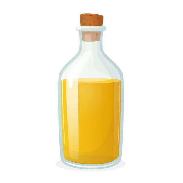Láhev olivového oleje izolovaná na bílém. Skleněná láhev s krátkým úzkým hrdlem a korkovou šroubovací čepicí, extra panenský olej na vaření — Stockový vektor