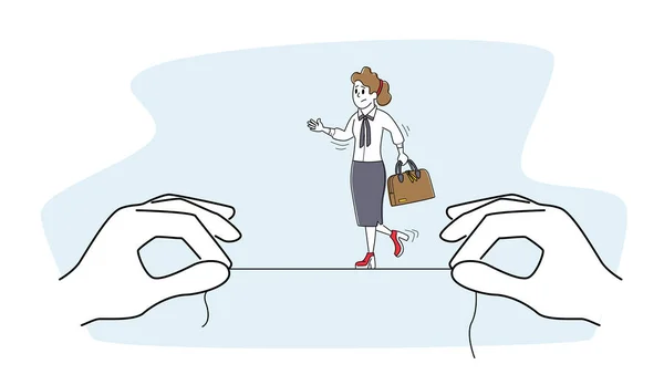 Femme d'affaires caractère marche et équilibre sur la corde accrochant entre les mains énormes, Femme d'affaires essayant de survivre — Image vectorielle