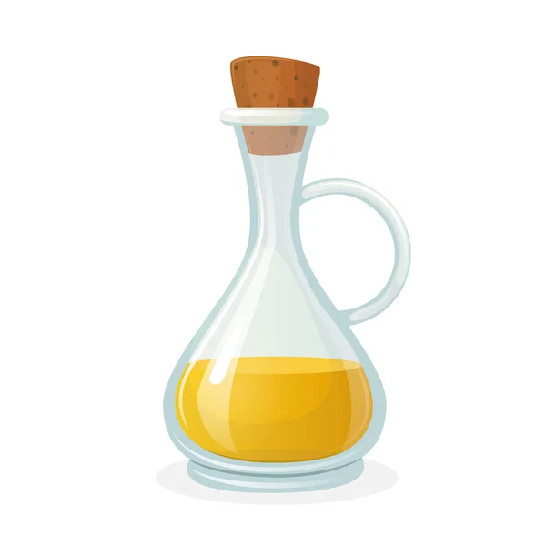 Bottiglia di vetro bottiglia di olio d'oliva con collo lungo stretto e Corkwood Bung. Olio da cucina giallo oliva o girasole — Vettoriale Stock