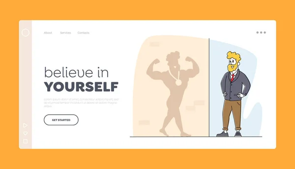 Glauben Sie an sich selbst Landing Page Template. Geschäftsmann blickt auf Schatten an der Wand und stellt sich vor, Sportler zu sein — Stockvektor