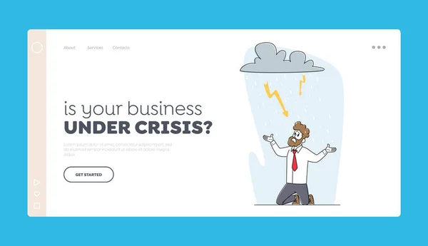 Kriz, Problem İniş Sayfa Şablonu. Sinirli İş Adamı Parıldayan El fenerleriyle Yağmurlu Bulut Altında Acı Çekiyor — Stok Vektör