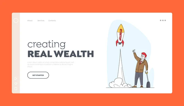 Idea finanziaria Realizzazione della strategia, avvio Landing Page Template. Lanciare il razzo del braccio della leva di spinta del personaggio maschile di affari — Vettoriale Stock