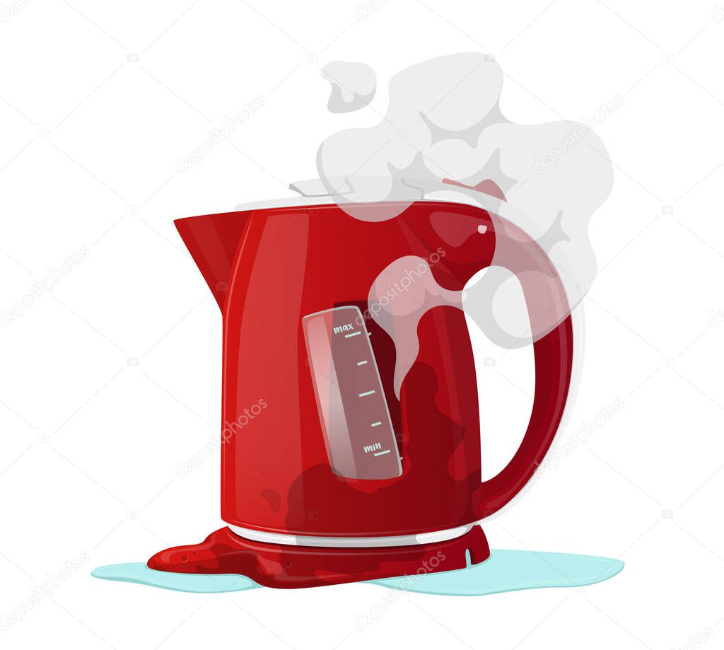 Broken Electric Kettle Isolated on White Background. Destroyed Appliance with Steam, Poured Water and Melted Plastic