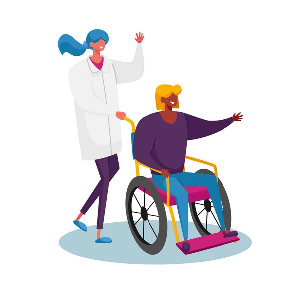 Zdravotně postižené ženské na invalidním vozíku se zdravotní sestrou nebo lékařem terapeuta pomoc. Pacientka v traumatologické nemocnici — Stockový vektor