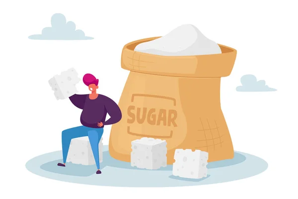 Overdose Glucose Eating Problem, Sugar Addiction Concept. Petit personnage gras assis à un énorme sac à sucre avec des cubes de sucre — Image vectorielle