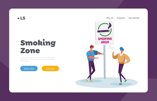 Smoking in Public Place Problem Landing Page Template. Male Characters Smoking Cigarettes in Special Area with Sign — 图库矢量图片