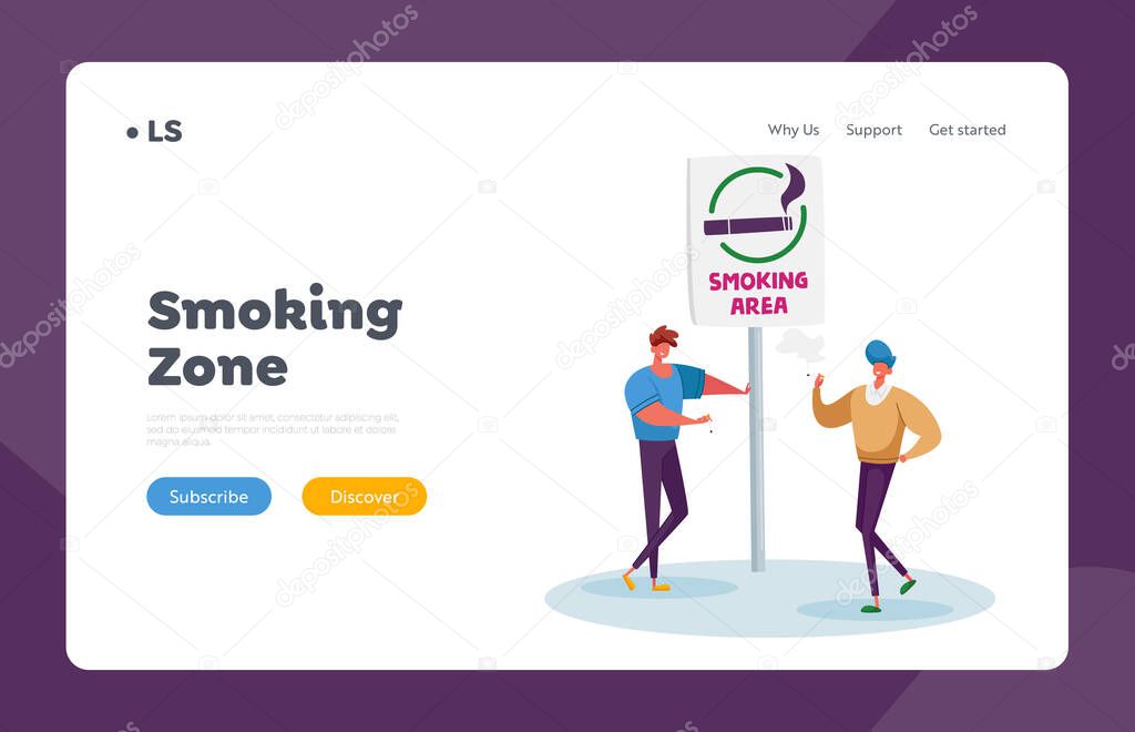 Smoking in Public Place Problem Landing Page Template. Male Characters Smoking Cigarettes in Special Area with Sign