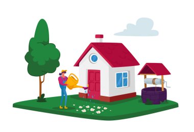 Evin önündeki su bidonundan çiçekleri sulayan genç bir kadın. Açık Hava Çiçekleri Bakımı, Bahçe Kızı