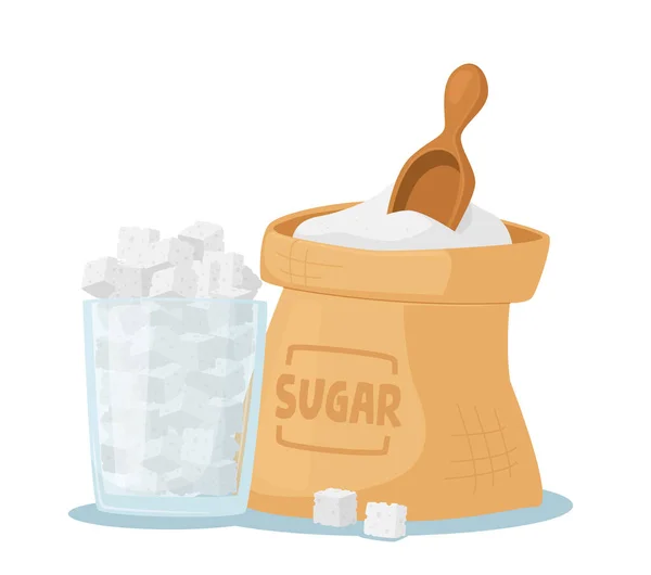 Concepto de Adicción al Azúcar, Ingrediente con Alto Nivel de Glucosa y Carbohidratos. Saco y tarro lleno de azúcar de caña blanca — Vector de stock