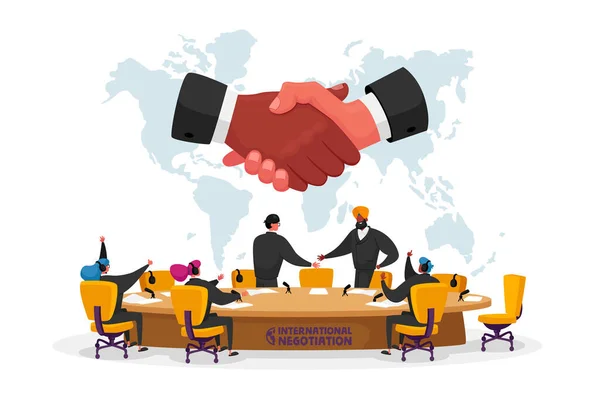 International Negotiations, Political Meeting at Round Table. Delegates Solving World Issues, Spokesmen Shaking Hands — Stock Vector