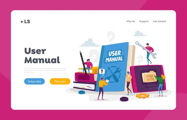 People Read Book with Instructions for Equipment. User Manual Landing Page Template. Characters with Guide Document — 图库矢量图片