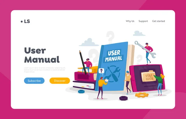 Människor Läs bok med instruktioner för utrustning. Användarmanuell landningssida mall. Tecken med styrdokument — Stock vektor