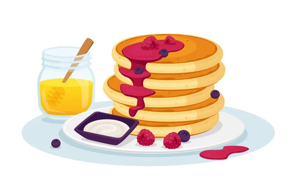 Stack of Fresh Hot Pancakes with Honey and Sweet Syrup Decorated with Fresh Berries. Fresh Bakery, Breakfast for Family — Stock Vector