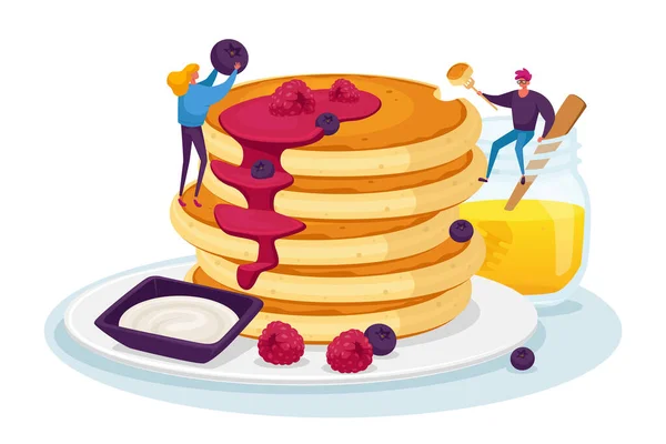 Tiny Male and Female Characters Pouring Huge Stack of Fresh Hot Pancakes with Honey and Decorate with Fresh Berries - Stok Vektor