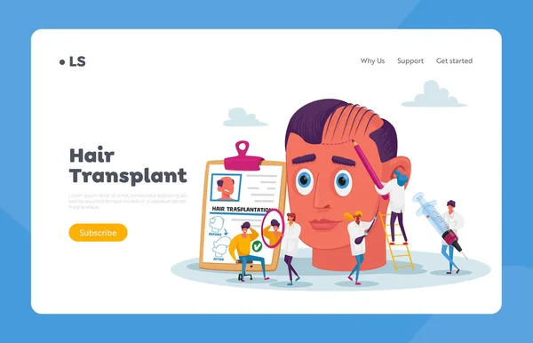 Capelli Receding e perdita Landing Page Template. Personaggi minuscoli medico intorno enorme maschio testa rendendo trapianto di capelli — Vettoriale Stock