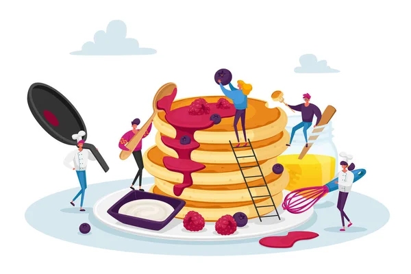 Tiny Male and Female Characters Cooking and Eating Homemade Pancakes. Man and Woman Wearing Toques with Kitchen Tools — 图库矢量图片