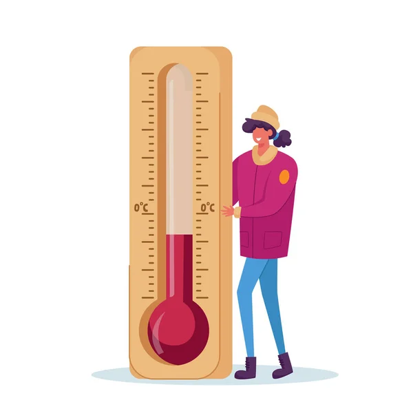 寒い天候の概念。暖かい冬の服を着た凍結女性キャラクターが巨大な温度計に立つ、凍結 — ストックベクタ