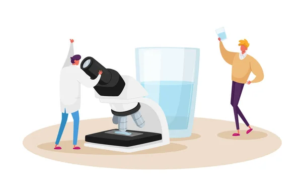 Kleine wetenschapper kijken in Microscoop leren schoon gefilterd water. Kleine personages bij Enorme Glass met fris drinken Aqua — Stockvector