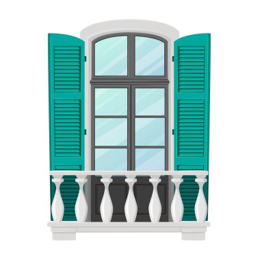 Pencere ve Balkon Dış yüzeyinde Mermer Balina Sütunları, Tahta Yeşil Kepenkler. Mimari Retro Dekor, İnşaat