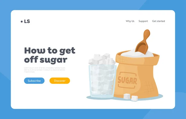 Mall för sockerberoende landningssida. Ingrediens med hög halt av glukos. Säck eller glasburk full av vitt sockerrör — Stock vektor