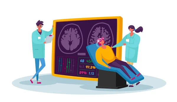 Neurobiología Medicina, Cerebro Mri. Personajes médicos y de pacientes en el hospital en el examen médico con monitor de computadora — Vector de stock