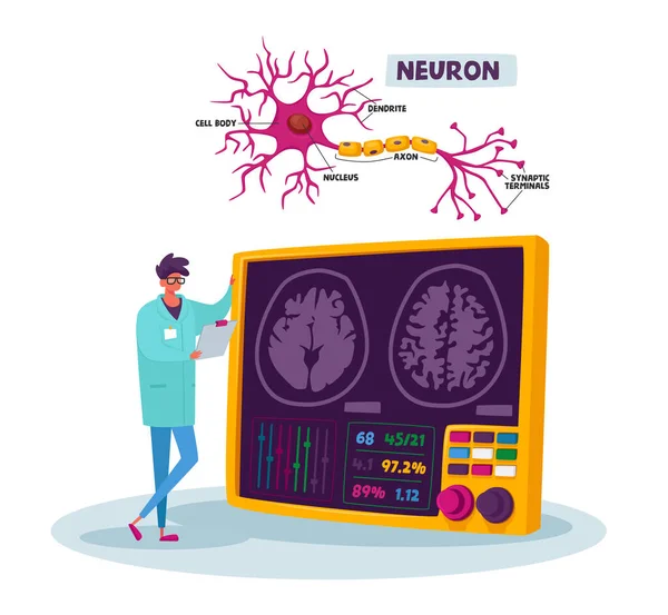 Winzige Wissenschaftler männliche Figur trägt medizinische Robe Blick auf das menschliche Gehirn mit Neuronen-Schema im Labor auf PC-Bildschirm — Stockvektor