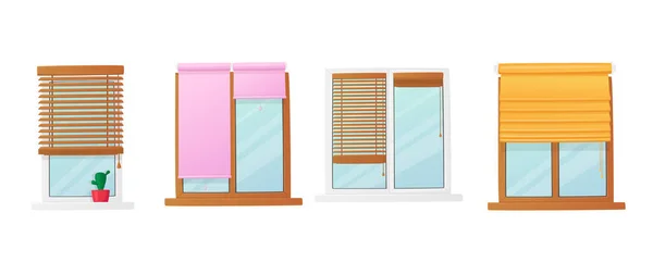 Conjunto de janelas com cortinas Jalousie Shutter. Elementos de design de interiores. Molduras plásticas ou de madeira com cortinas de rolo — Vetor de Stock