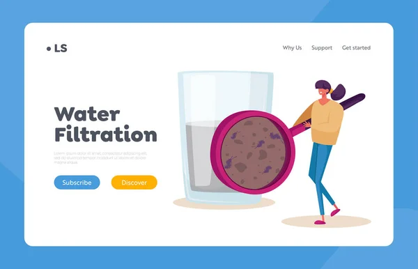 Filtraggio acqua Landing Page Template. Piccola donna guardando micro organismi che vivono in acqua sporca attraverso enormi vetri — Vettoriale Stock