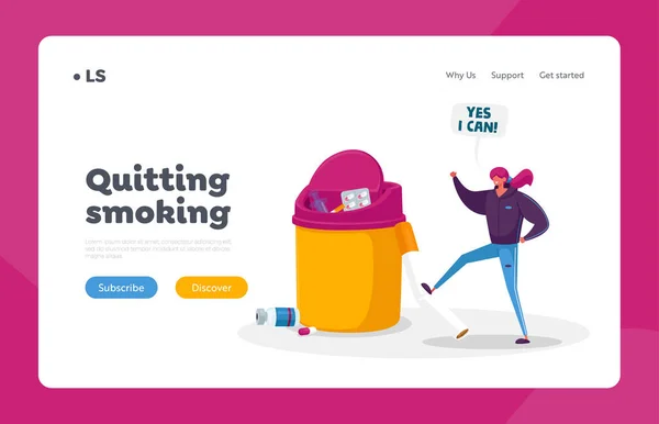 Stop ongezonde Habit, roken verslaving Landing Page Template. Klein vrouwelijk karakter breken enorme sigaret — Stockvector