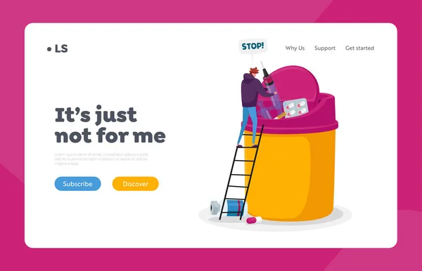 Stop Addiction Modelo de Landing Page. Personagem masculino luta com maus hábitos, homem minúsculo jogar fora enorme seringa com drogas — Vetor de Stock